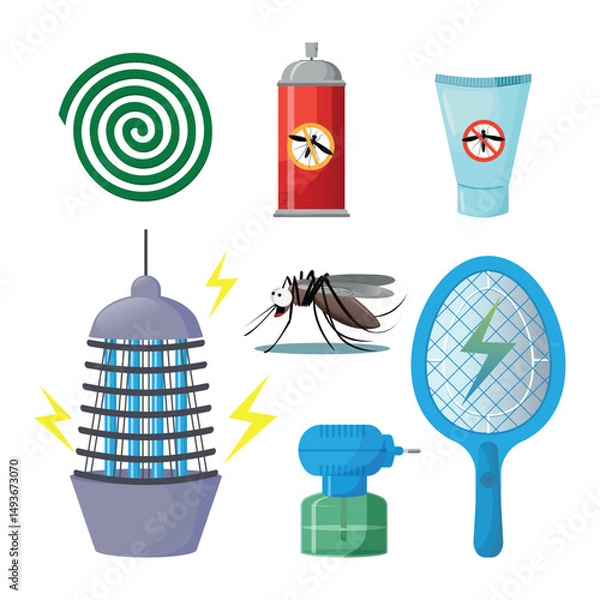 Fototapeta Mosquito control products set. Flat vector illustration of mosquito repellent, electric racket, spray, repellent cream and mosquito or fly killer lamp also spiral repellent coils. 