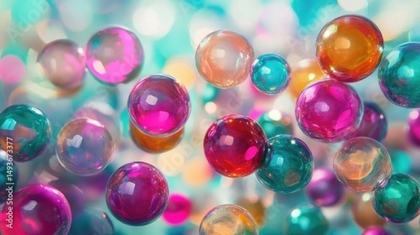 Fototapeta Colorful glass marbles with a vibrant bokeh background close up