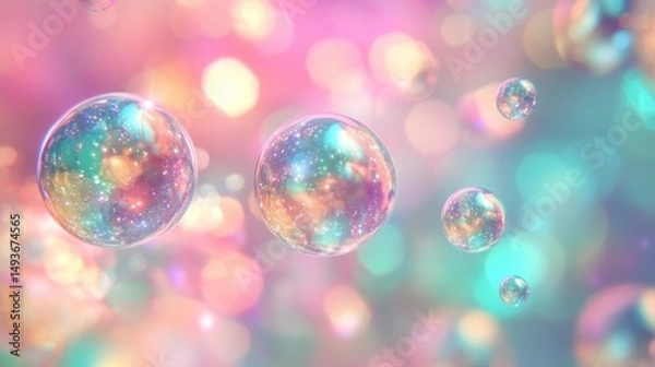 Fototapeta Iridescent soap bubbles floating against a dreamy bokeh background