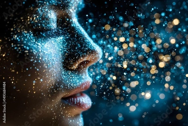 Obraz Introspective woman in a thoughtful pose, illuminated by a cosmic glow, reflecting on deep ideas and inspiration.