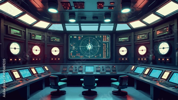 Obraz Retro control room. Vector illustration of a sci-fi command center with analog tech and glowing radar screens.