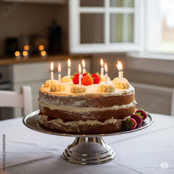 Fototapeta cake stand with cake and candles on table