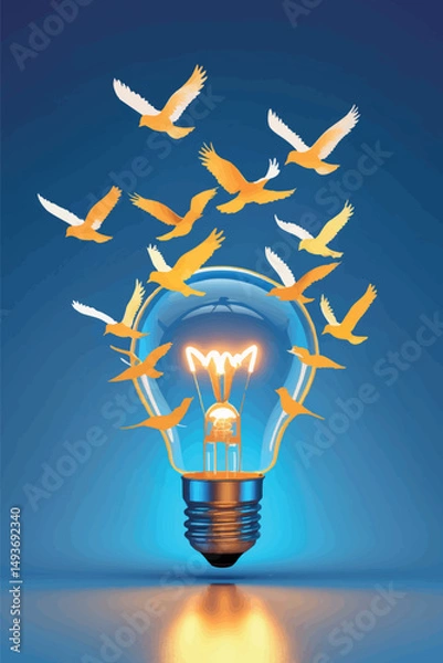 Obraz Innovative Success Concept - Light Bulb Transforming into Birds, Symbol of Ideas Taking Flight