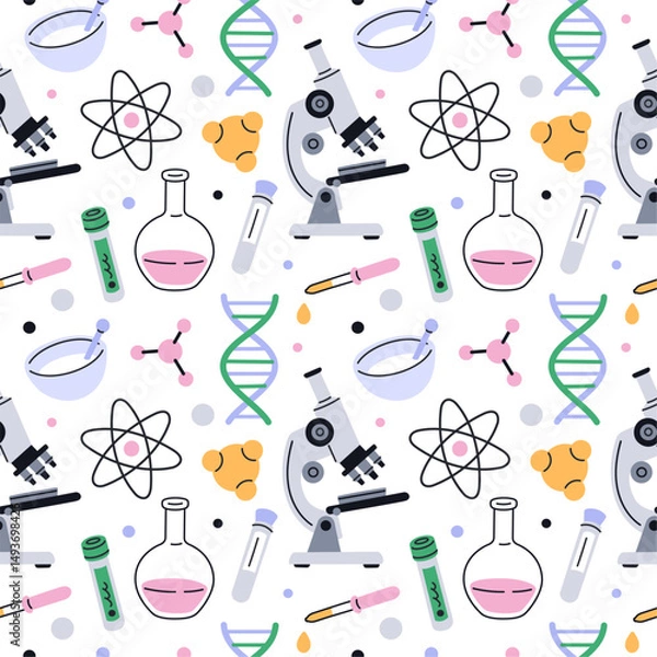 Fototapeta Chemistry tools seamless pattern. Scientific laboratory equipment, repeated test tubes, flasks and microscopes. Textile, wrapping paper, wallpaper. Print for fabric garish vector background