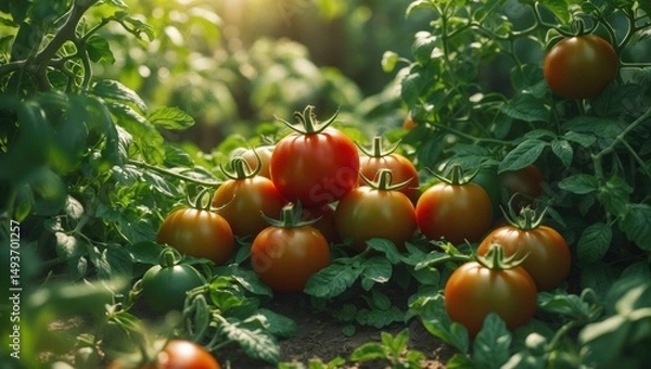 Obraz Ripened tomatoes on verdant branch. Home-raised tomato produce growing on vine within greenhouse. Seasonal vegetable collection on organic farm.
