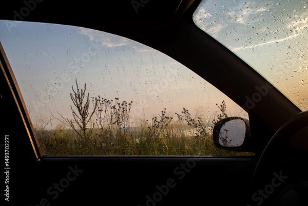 Obraz Looking out from inside a car through a window covered in raindrops reveals a hazy landscape of vegetation and a body of water under a soft evening light suggesting a journey on a wet road.