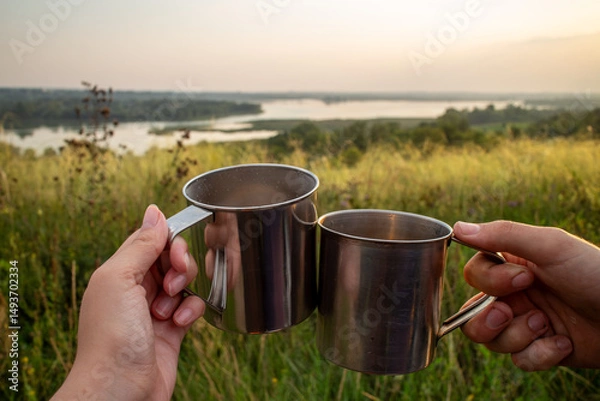 Fototapeta Two hands holding stainless steel camping mugs in a toast against a scenic sunset landscape with rolling hills and a winding river symbolizing outdoor adventure travel and shared moments in nature.