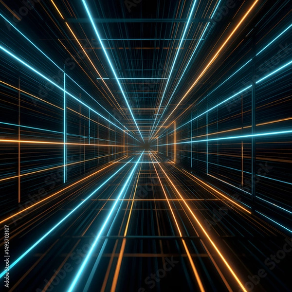 Obraz three dimensional geometrical blue and orange neon led lights concentrating in middle of banner; digital tunnel / light isolated over black background; concept of perspective, fast changes, new tetchn
