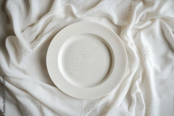 Fototapeta Elegant Empty White Plate on Draped White Linen Fabric Minimalist Table Setting Photography for Restaurant Menu, Food Blog, or Home Decor