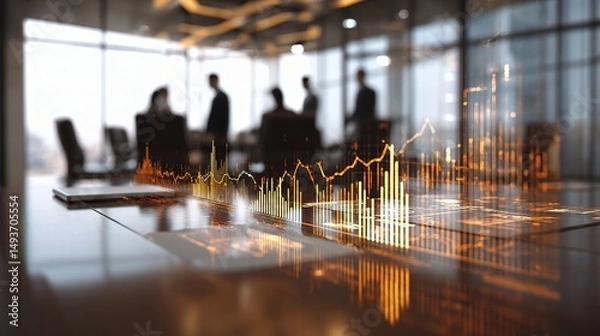 Fototapeta Modern Office Meeting with Transparent Graph Overlays on Table