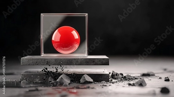 Fototapeta Red sphere in glass cube, on fragmented stone