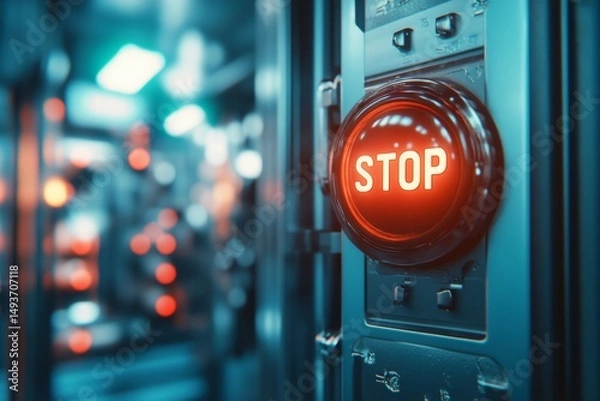 Fototapeta Illuminated Red Stop Button in Futuristic Industrial Control Panel; Emergency Shutdown, Safety, Technology Concept
