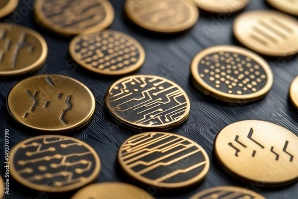 Fototapeta Close-up of Luxurious Gold and Black Cryptocurrency Tokens on a Dark Wooden Surface
