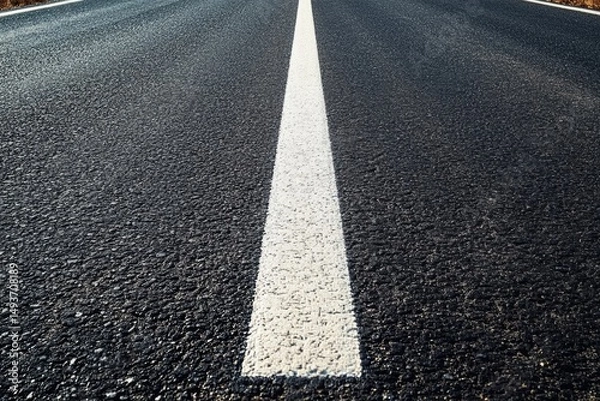 Fototapeta A Striking Close-Up View of a Newly Paved Asphalt Road, Featuring a Crisp White Center Line That Divides