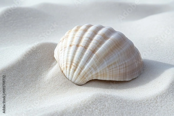 Fototapeta Serene Seashell Resting on Pristine White Sand Beach, Close-Up View, Summer Vacation