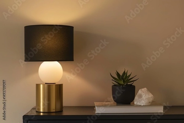 Obraz Elegant lamp with decorative plant and crystal on a nightstand for warm interior lighting