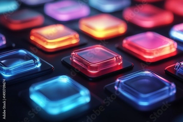 Fototapeta Abstract Close-up of Glowing Neon Square Buttons, Futuristic Technology Interface, Colorful Digital Control Panel