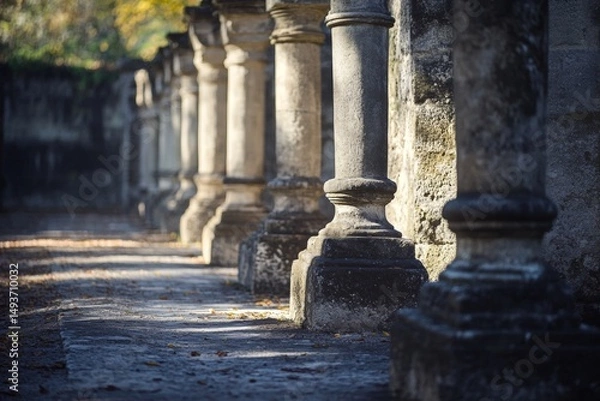 Fototapeta Sunlit Stone Columns in an Autumnal Park A Serene Pathway of Ancient Architecture, Casting Long Shadows on a Fallen Leaf-Strewn Path, Evoking a Sense of History and Tranquility.
