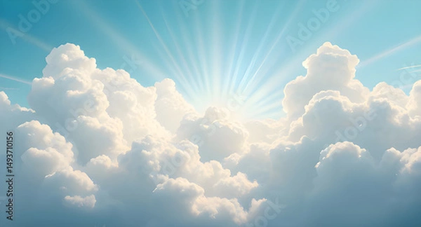 Fototapeta Clouds and sun, Sunny weather, Partly cloudy, Sun behind clouds, Cloudy sky, Sunshine illustration, Blue sky with clouds, Sun and clouds vector, Cartoon clouds and sun, Weather icon, Happy sun and clo