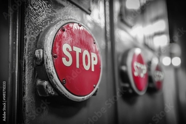 Fototapeta Close-up of a Vintage Red Stop Button on a Rusted Metal Panel, Industrial Setting, Safety, Emergency, Control Panel, Machinery, Technology, Warning, Alert