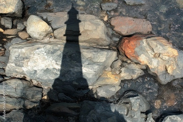 Fototapeta The Majestic Shadow of a Lighthouse Cast Upon a Rocky Seashore, a Dramatic Contrast of Light and Dark, Nature and Architecture, Reflecting Tranquility and the Power of Nature.