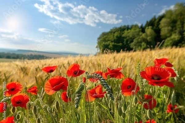 Fototapeta Field of vibrant red poppies in full bloom swaying gently under the warm sun