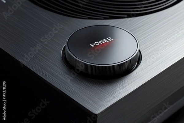 Fototapeta Close-up of a Sleek Black Power Button on a Brushed Metal Surface High-Resolution Technology and Design Detail for Modern Interfaces, Electronics, and User Experience Concepts
