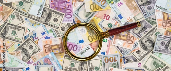 Fototapeta pile of dollar and euro banknote as background
