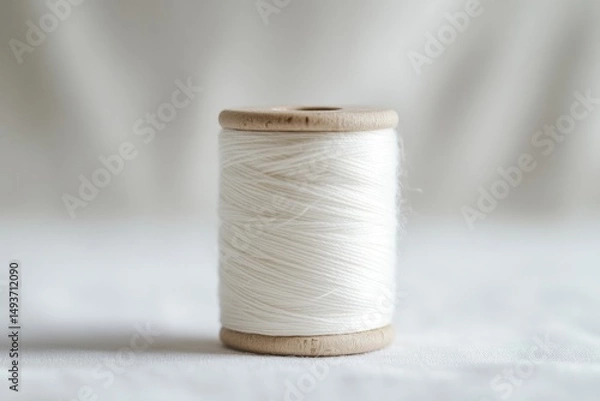 Fototapeta A Close-Up Shot of a Wooden Spool of Off-White Cotton Thread, Displayed on a Soft White Fabric Background