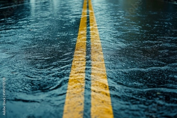 Fototapeta A Stunning Close-Up View of a Wet Road with Yellow Double Lines on a Rainy Day, Showing the Texture of Water on Asphalt, Capturing the Essence of a Stormy Atmosphere.