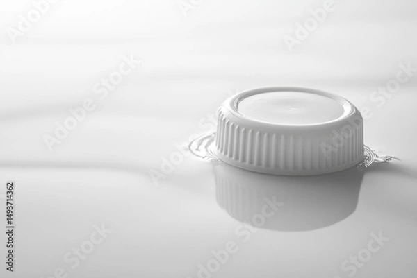 Fototapeta A pristine white plastic bottle cap gently rests on a smooth surface of milk, creating a minimalist and elegant composition.