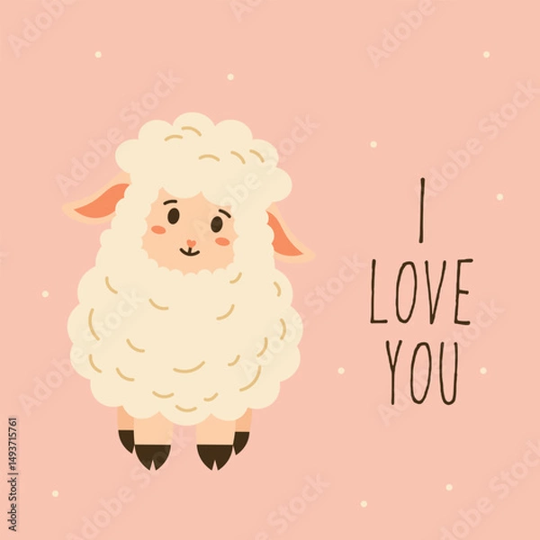 Obraz Flat style illustration of a fluffy cartoon sheep with a sweet expression on a pink background and hand-drawn text, ideal for greeting cards, childrens designs, and cute animal-themed projects.