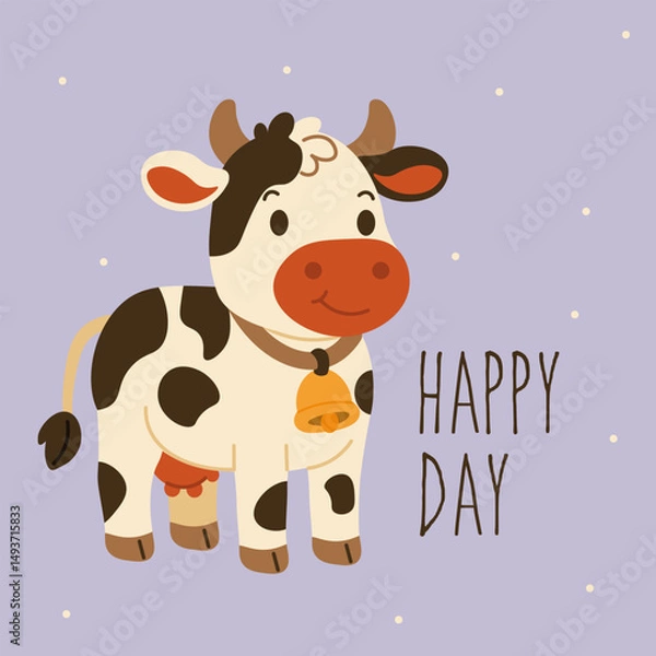 Obraz Cute cartoon illustration of a smiling cow with a bell, ideal for children's products, greeting cards, farm-themed designs, and playful animal collections.