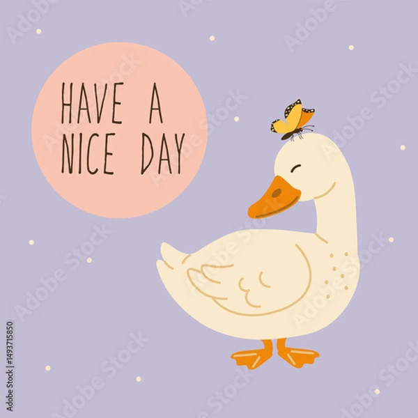 Obraz Flat style illustration of a cute duck with a butterfly on its head and the message Have a Nice Day, ideal for greeting cards, children's content, and cheerful decorative designs