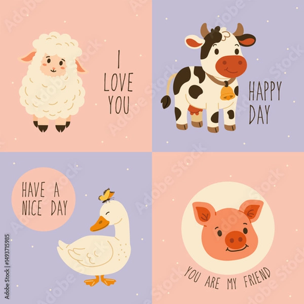 Obraz Flat style illustration of cute farm animals with playful text messages, ideal for children's books, greeting cards, and farm-themed designs