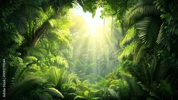Obraz Lush tropical forest canopy with sunlight rays.