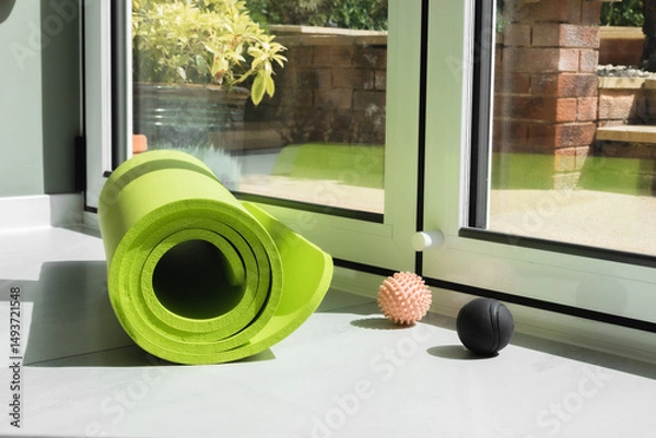 Obraz Yoga home studio concept. Green yoga mat and balls prepared to start new day 