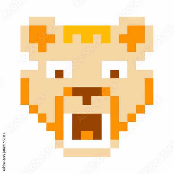 Fototapeta Pixelated lion head art on white background, retro video game icon