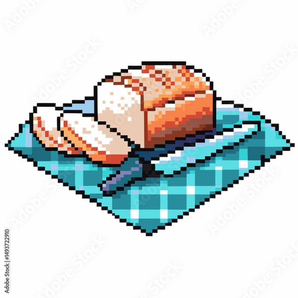 Fototapeta Pixel art bread and knife on checked cloth