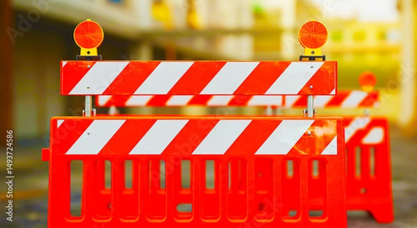 Fototapeta Close up of two orange and white striped barriers with lights on top in a blurred background