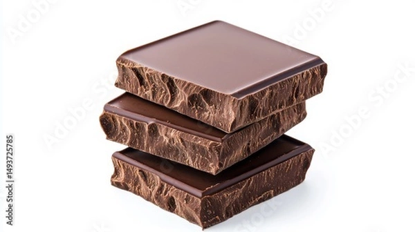 Fototapeta A precise stack of three rich dark chocolate pieces with beautifully rough textures sits isolated on a clean white background, perfect for delicious indulgence.