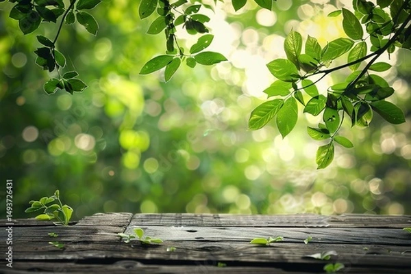 Fototapeta Rustic wooden surface with green foliage nature background and sunny bokeh effect