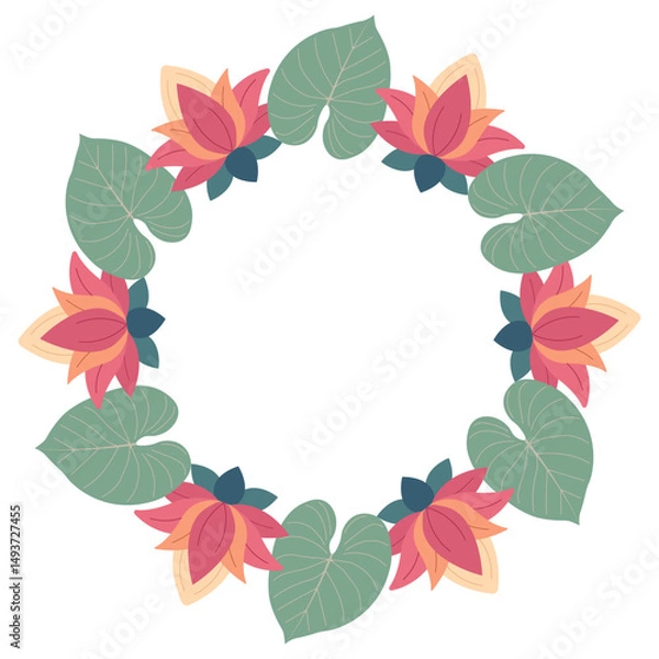 Obraz Jungle-inspired round frame with tropical leaves and lotus. Perfect for invitations, covers, banners, and greeting cards. Vector tropical plant design
