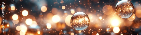 Fototapeta Glowing, reflective bubbles float amidst a blurry background of warm lights. Concept of enchanting, festive atmosphere. For holiday-themed graphics and decor