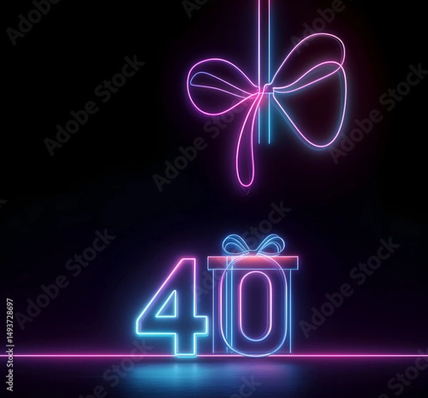 Fototapeta 40th birthday card background; neon design with number and copy space; concept forty festive birthday / anniversary celebration; black backdrop