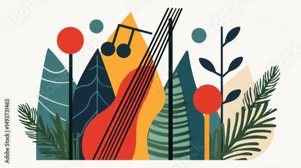 Fototapeta Textured abstract illustration featuring musical instrument strings notes and stylized geometric plant graphic.
