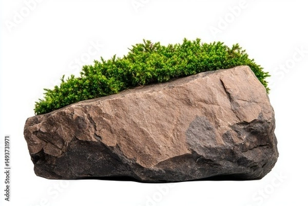 Fototapeta A large brown rock covered with bright green plants is isolated on a clean white background for easy graphic design use.