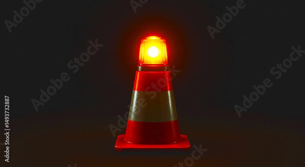 Fototapeta A traffic cone with a flashing yellow light on top sitting in a dark setting with a black background