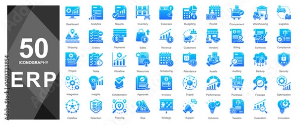 Fototapeta Gradient blue glyph icons for ERP apps and analytics tools.      