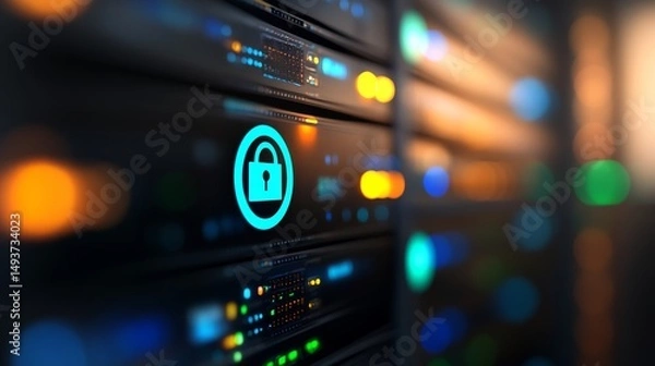 Obraz Close-up of a digital lock icon symbolizing data protection against a backdrop of a blurred server rack, featuring colorful light trails emphasizing encryption